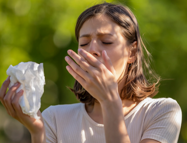 woman sneezing due to allergies