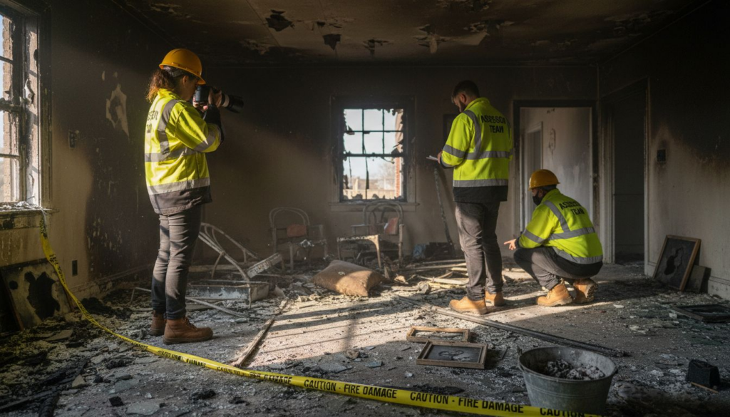 professionals inspecting house after a fire