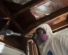 Mold remediation by puroclean of long beach, HEPA vacuuming with tyvex suit and full face respirator