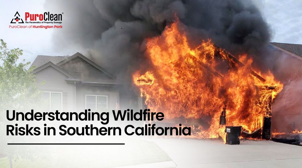 A house engulfed in flames with thick black smoke rising, illustrating wildfire risks in Southern California.