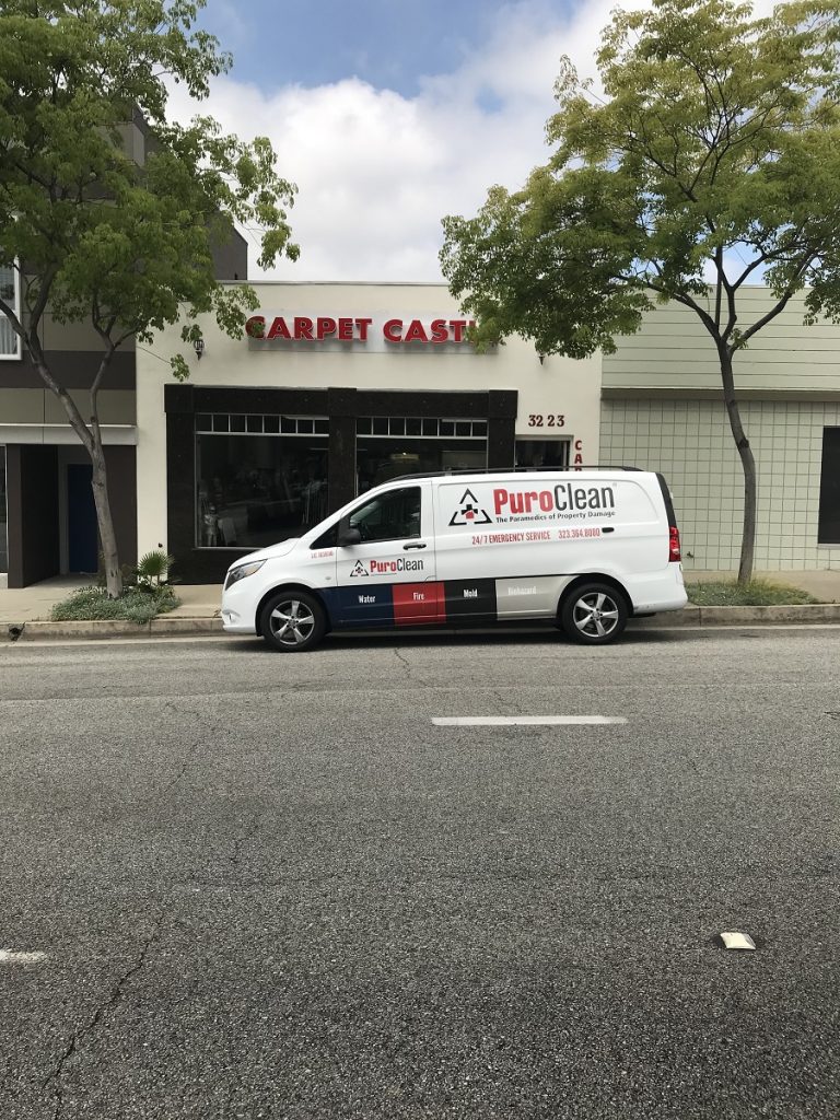 White PuroClean service van parked on a street in front of