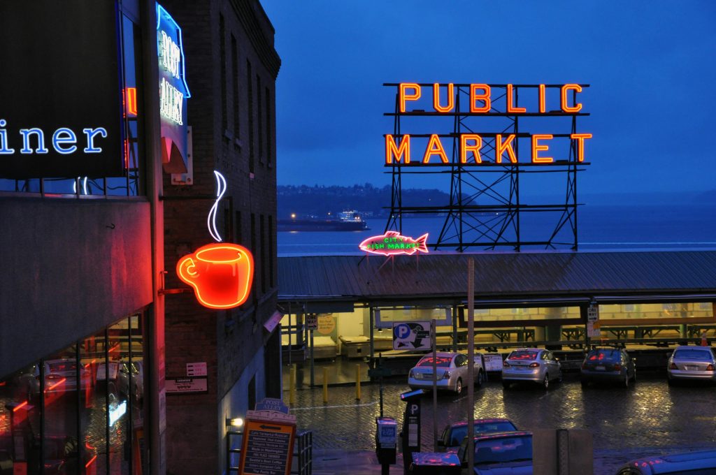 The Seattle Public Market on a rainy day showing how mold growth can be higher in Seattle