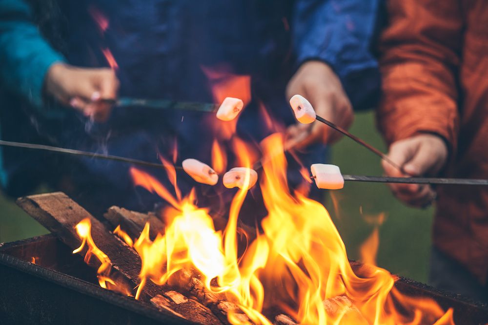 Family roasting marshmallows over a fire