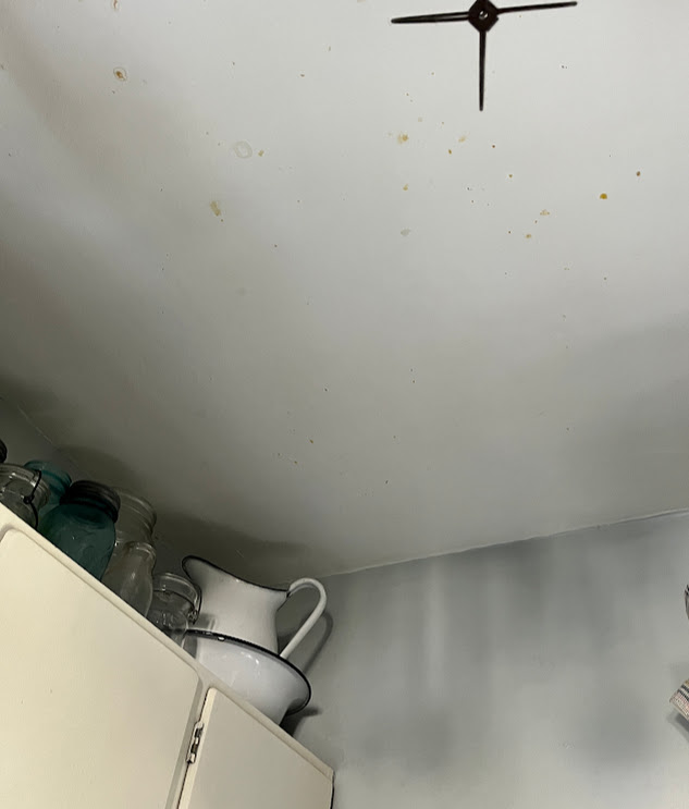Smoke damage on grey walls and a white ceiling as a result of a pan that was used to fry eggs. 