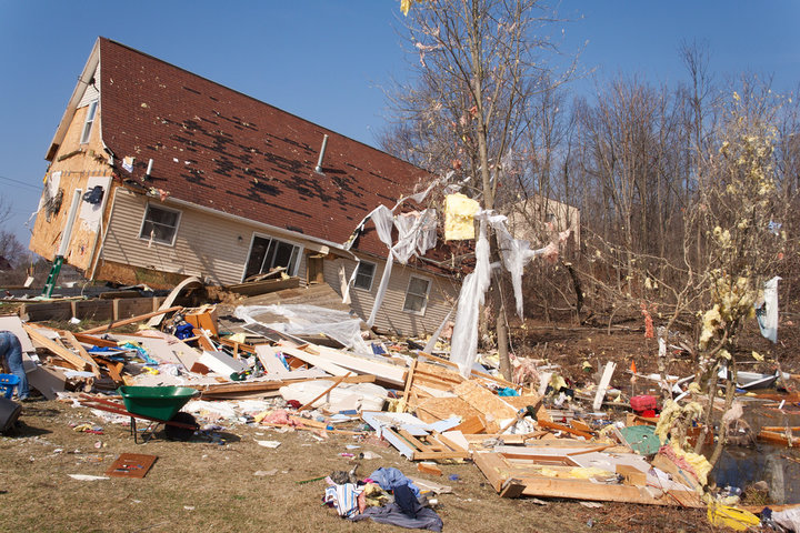 A house with severe tornado and storm damage 