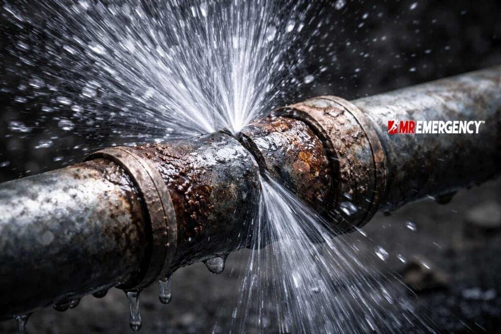 Burst water pipe spraying water inside a home