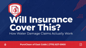 Branded title card for the PuroClean of East Cobb blog post about how water damage insurance claims work.