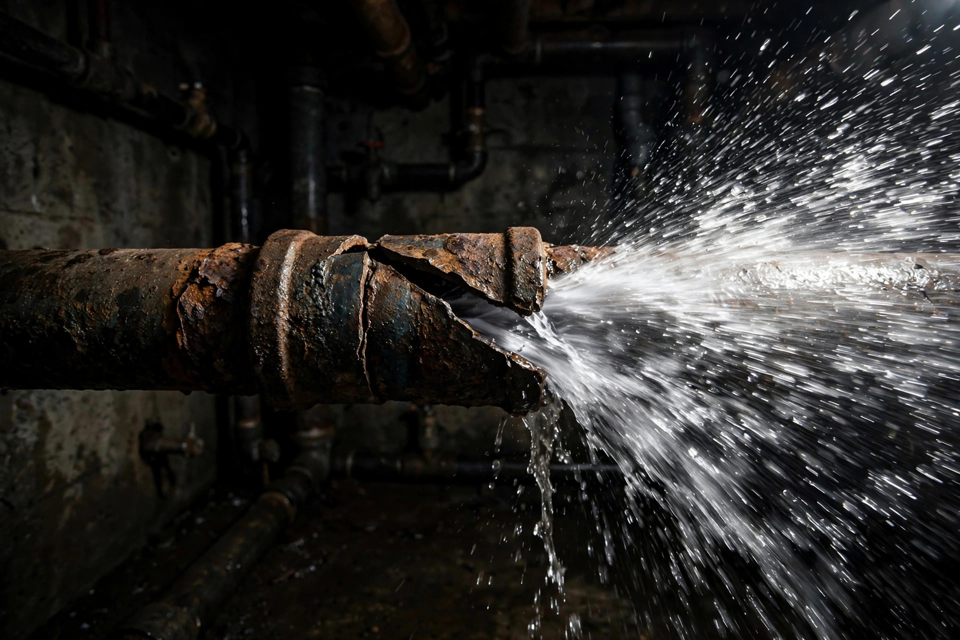 Burst pipe spraying water inside a home