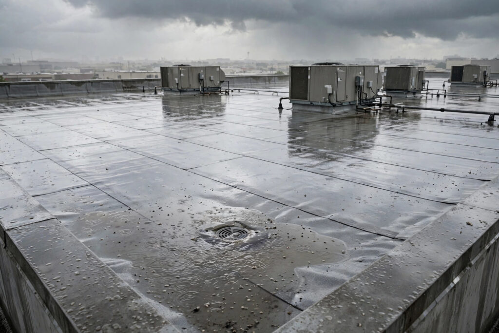 Illustrative photo of ponding water on a commercial flat roof near a drain after heavy rain