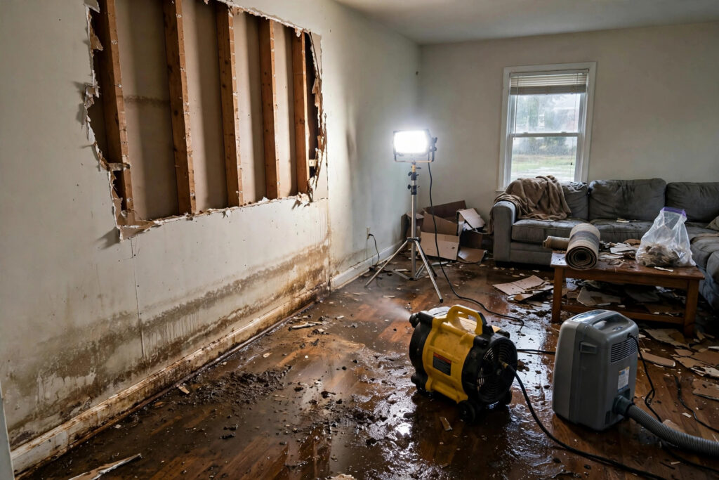 Illustrative photo of flood-damaged drywall cut away with air movers drying a living room