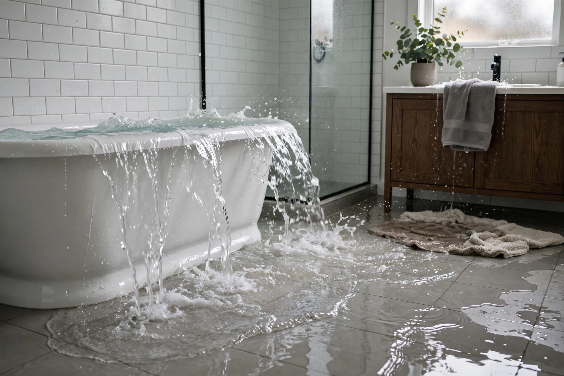 Water overflowing from a bathtub onto a bathroom floor