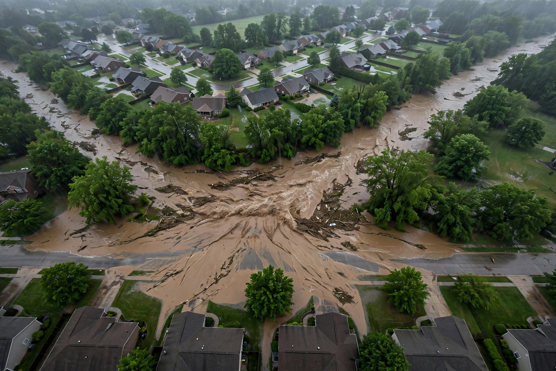 Floodwater covering a suburban street after heavy rain