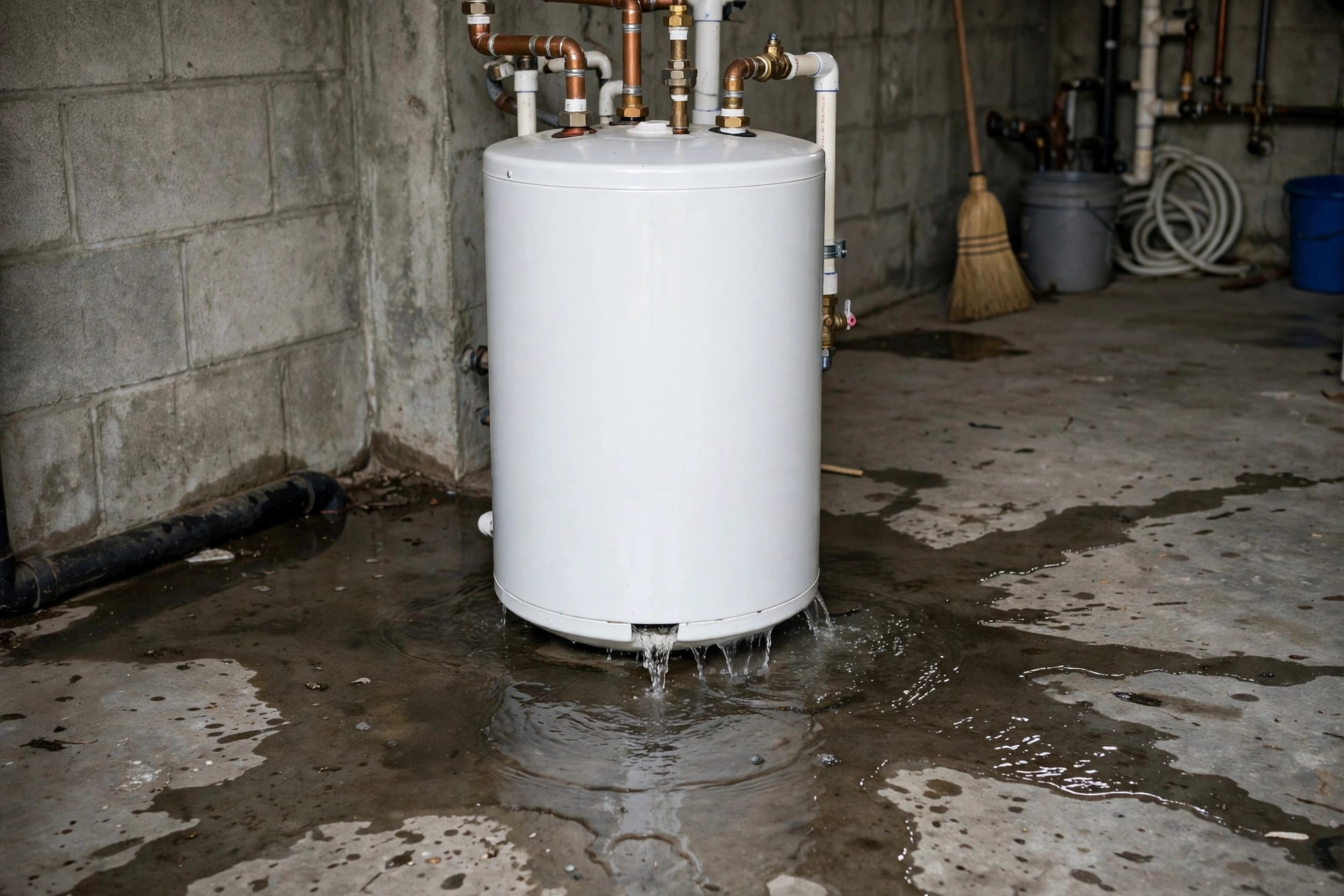 Water leaking from a water heater onto the floor
