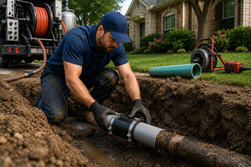 Plumber repairing a sewer line at a suburban home