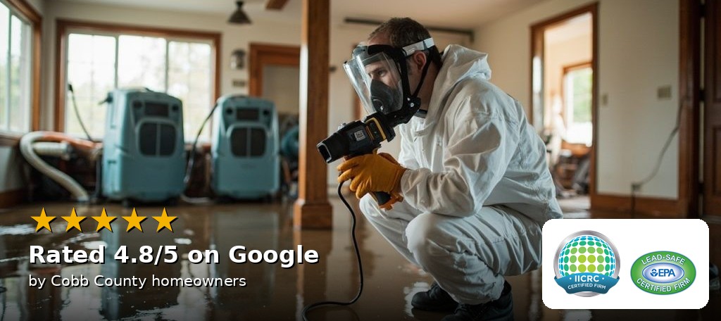 PuroClean technician checking for hidden moisture with a meter — rated 4.8 out of 5 on Google by Cobb County homeowners; IICRC certified firm and EPA Lead-Safe certified firm