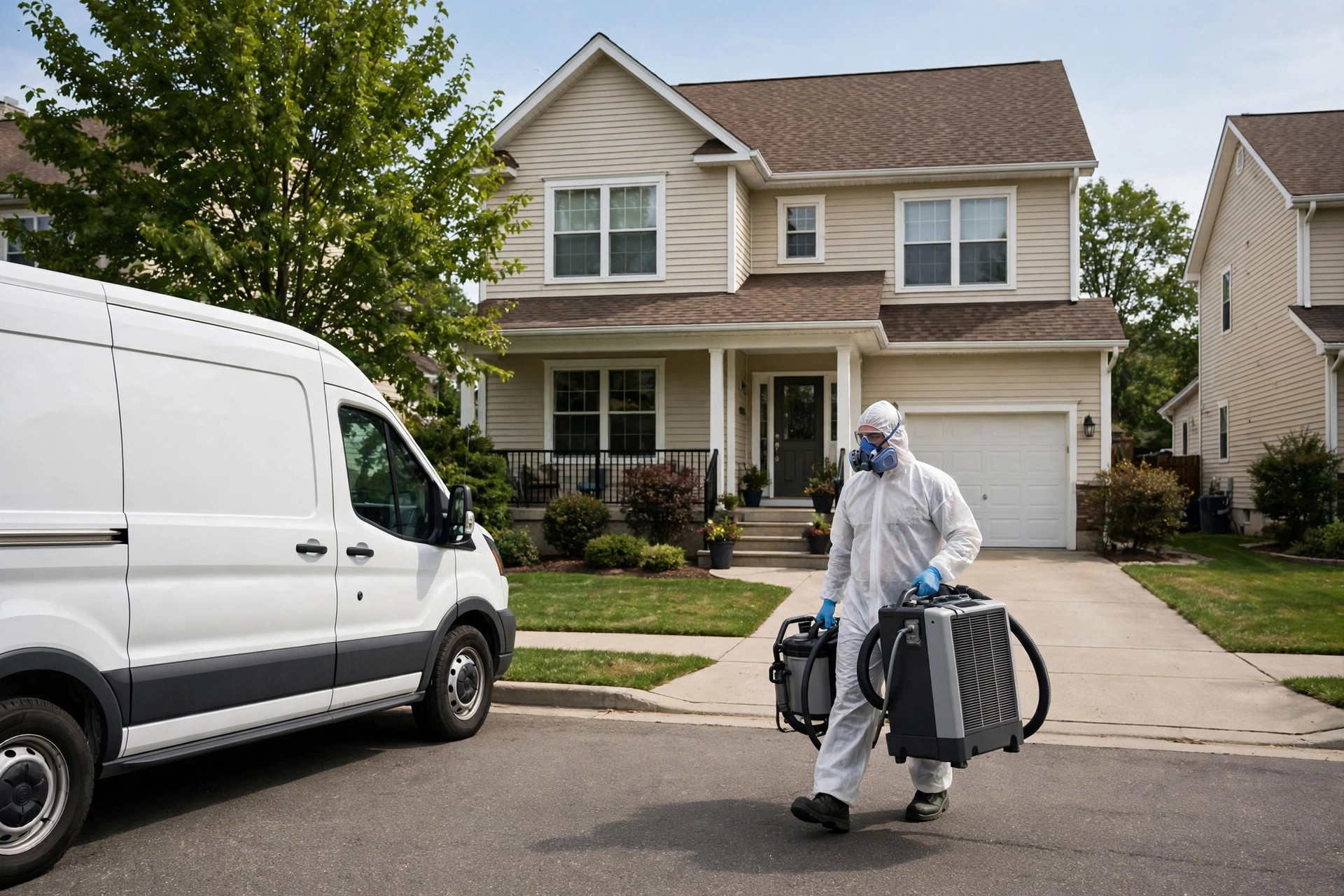 PuroClean technician arriving at a Marietta home with professional biohazard cleanup equipment