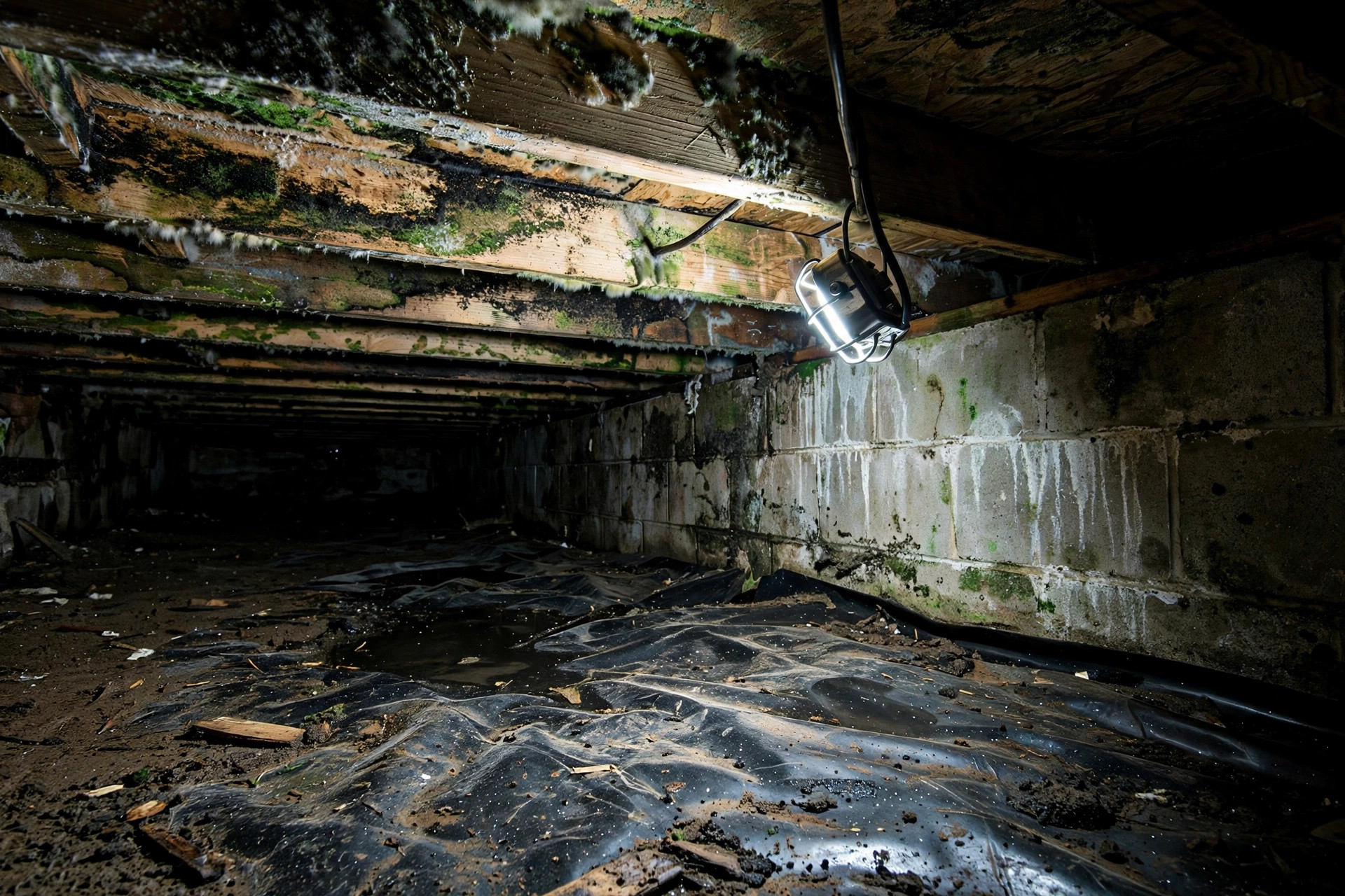 Crawlspace with mold on wooden joists and damp conditions in Cobb County