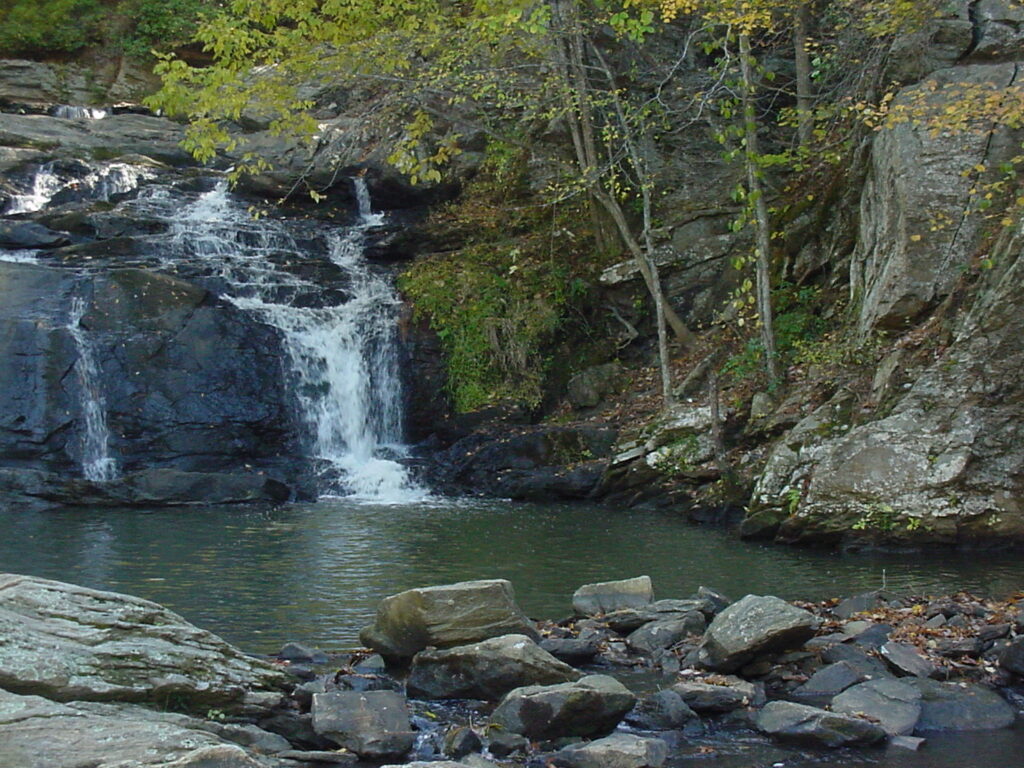 Waterfall at Cochran Mill Park near Palmetto, Georgia — one of the small Chattahoochee tributary creeks that drain the rolling land around Palmetto