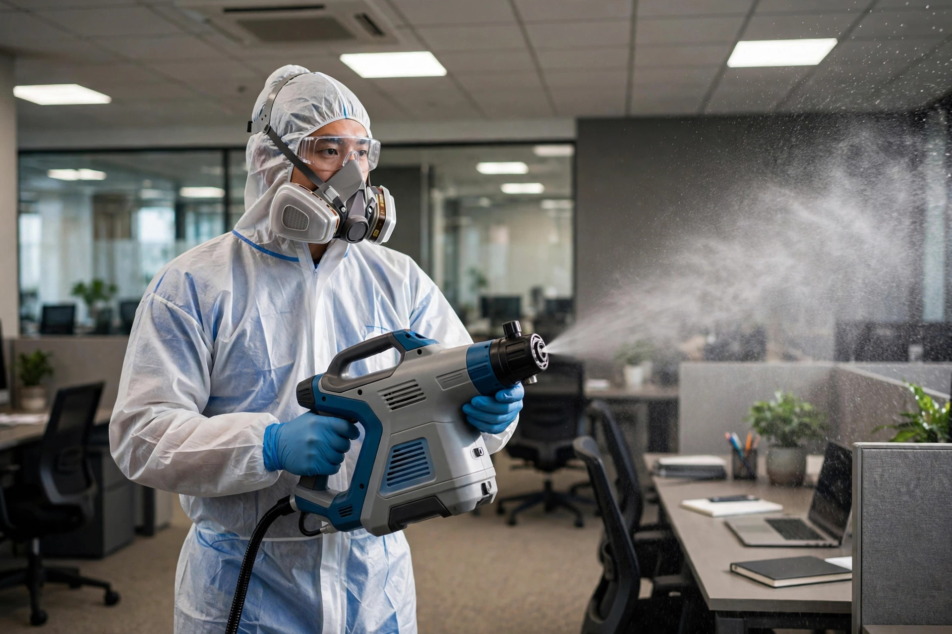 Professional technician disinfecting a commercial space with electrostatic sprayer in Marietta