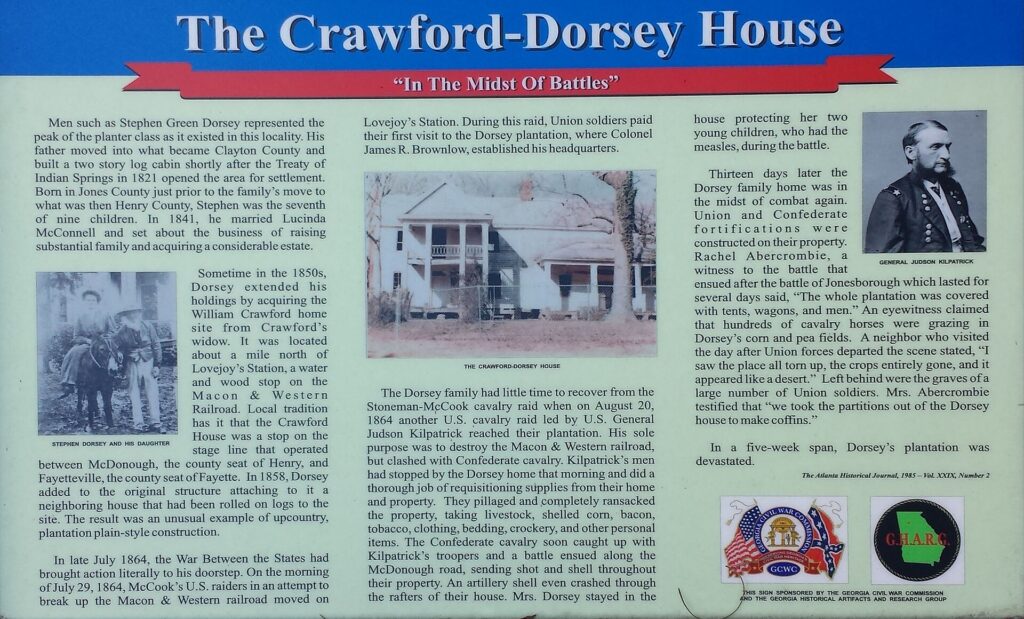 Historical marker for the Crawford-Dorsey House in Lovejoy, Georgia — the 1850s plantation home that stood about a mile north of Lovejoy's Station during the Civil War raids