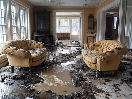 Living room with mud and standing water on the floor after floodwaters receded