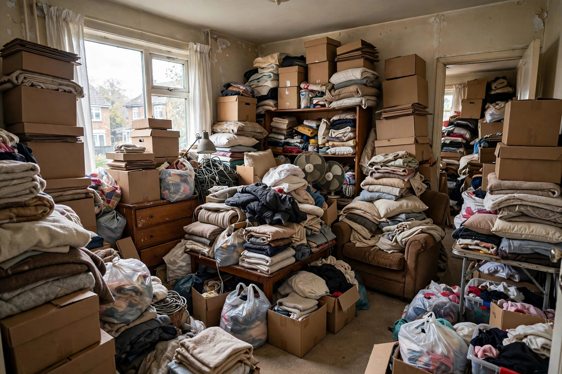 Severely cluttered room requiring compassionate hoarding cleanup in Marietta