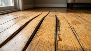 Cupped and buckled hardwood floor planks warping from water damage — the telltale sign of a slow ice-maker line leak in an Auburn kitchen