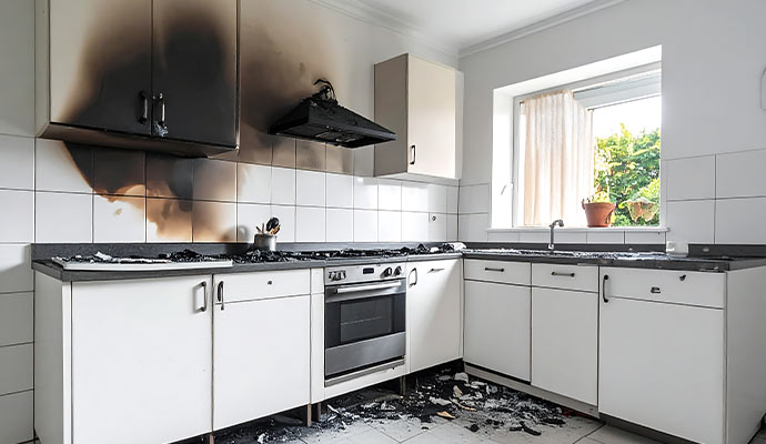 Kitchen with smoke and soot damage on cabinets, walls, and range hood after a kitchen fire