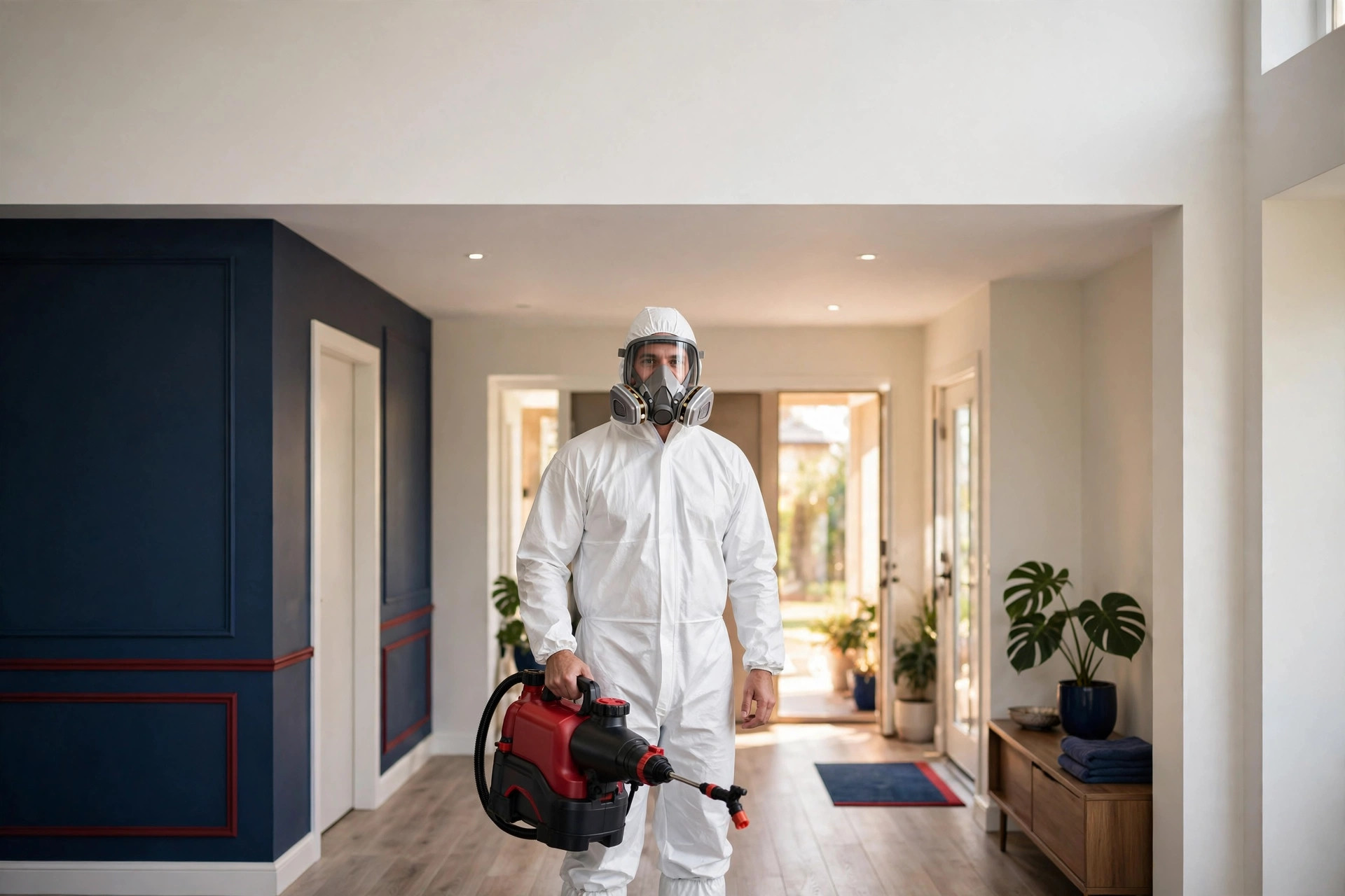 Biohazard cleanup technician in protective suit with disinfection equipment in a home
