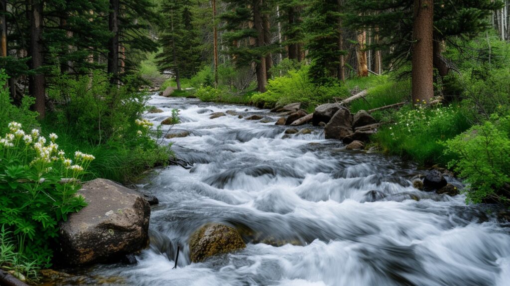 A swollen mountain creek running fast through forest after heavy rain — the kind of mountain runoff that threatens Jasper's hillside homes