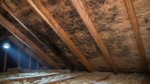 Dark mold growth spreading across attic roof sheathing between rafters — post-storm moisture trapped in a Loganville attic
