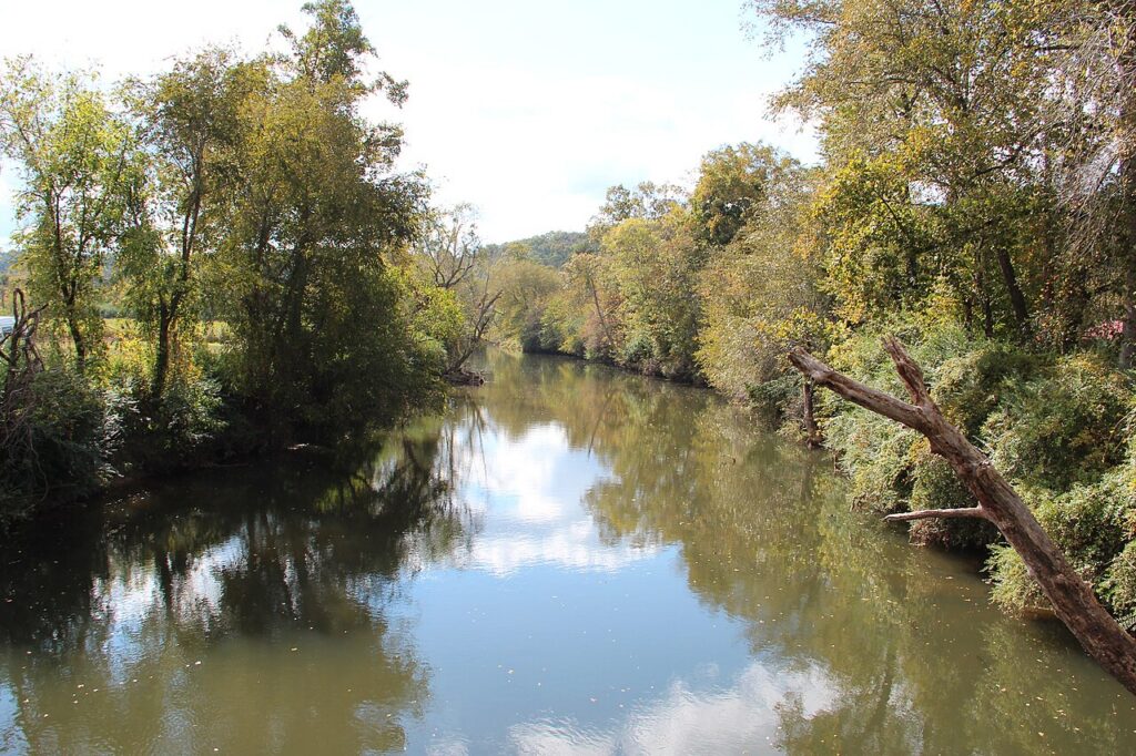 The Coosawattee River near Ellijay — the same river that crested at 14.1 feet in the December 2015 flood, nearly double its flood stage