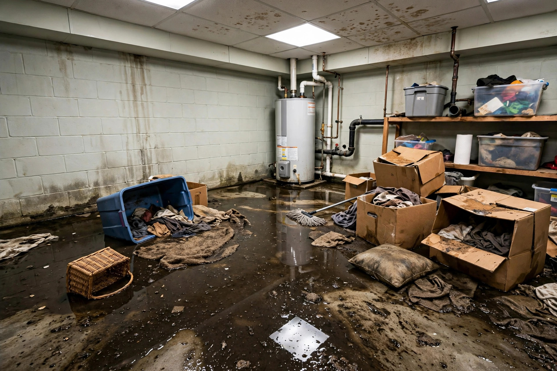 Basement with sewage backup contamination in a Marietta home requiring professional biohazard cleanup