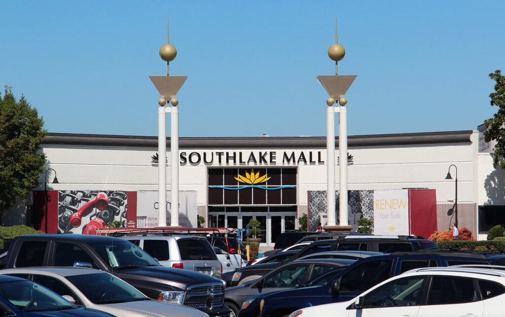The entrance to Southlake Mall in Morrow, Georgia — the 1976 regional mall that anchored Morrow's growth along the I-75 and Jonesboro Road corridor
