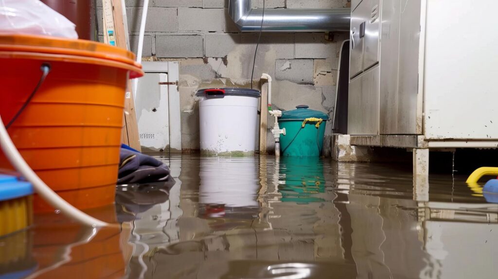 Flooded residential basement with standing water around a water heater after storm drain backup