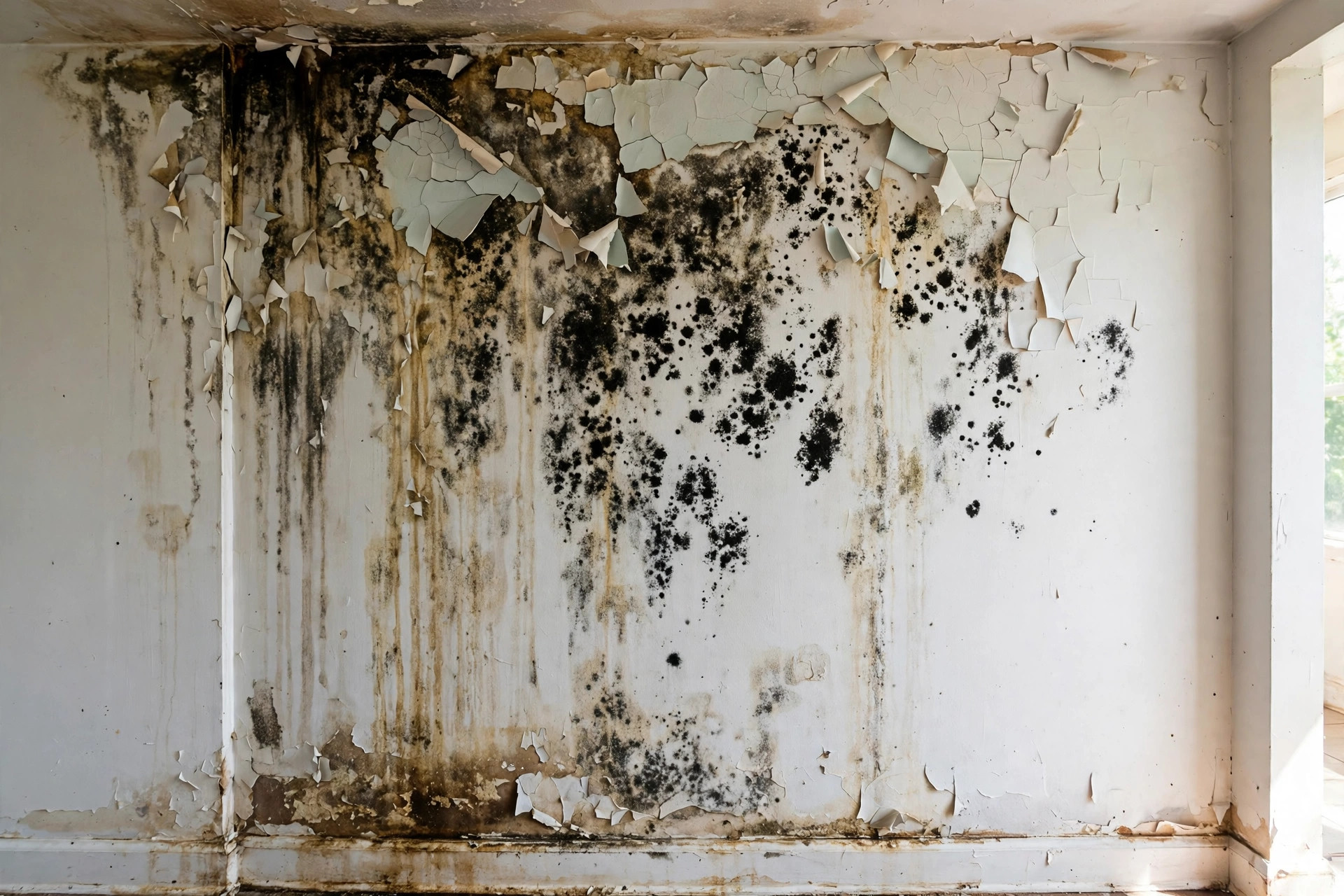 Wall with water damage stains and black mold from an undetected leak in a Marietta home