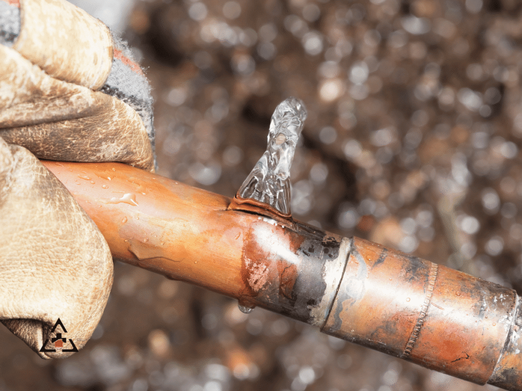 frozen pipe with ice poking from burst section