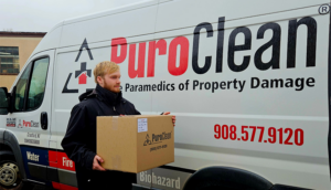 PuroClean team member carrying a box for content documentation and packout