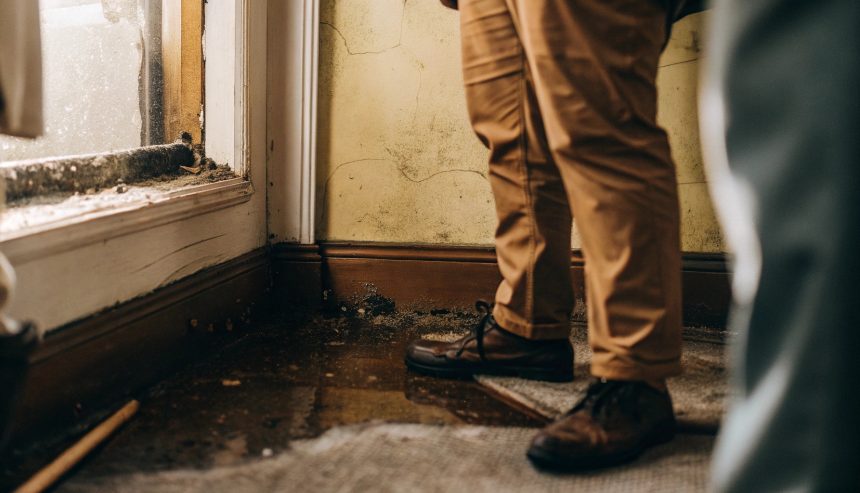 Pcm assessing water damage and mold along a wall and floor inside a home.