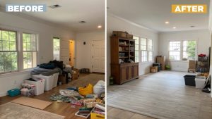 Before and after hoarding cleanup showing a cluttered living room transformed into a clean, organized space, demonstrating how hoarding cleanup can improve mental health and restore comfort.