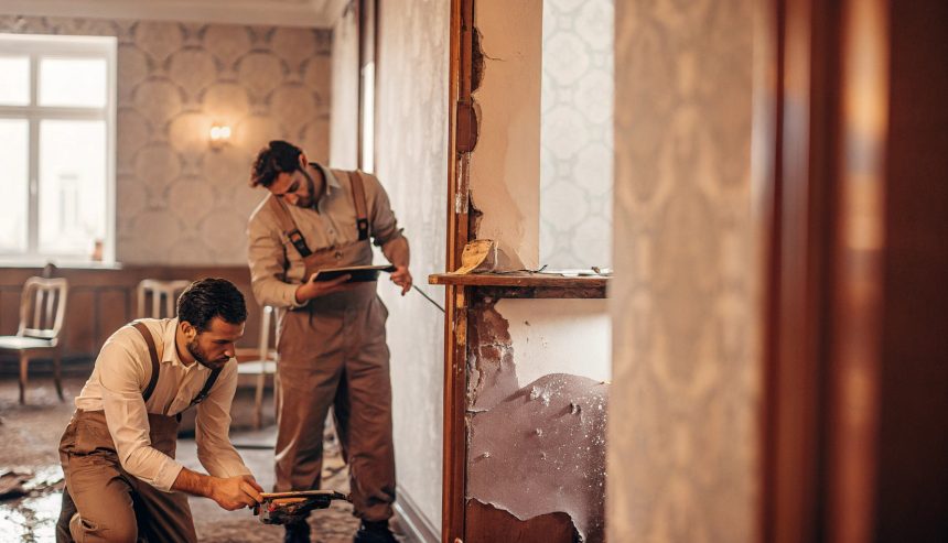 Professionals inspecting water damage inside a residential building