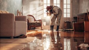 Technician inspecting standing water damage inside a residential living room, illustrating the long-term effects of untreated water damage on home interiors and structural surfaces.