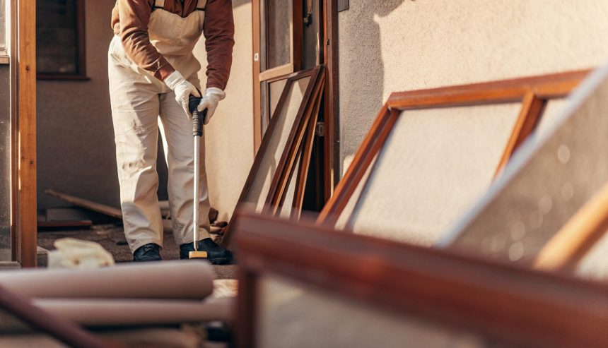 Professional hoarding cleanup worker safely removing items from cluttered home