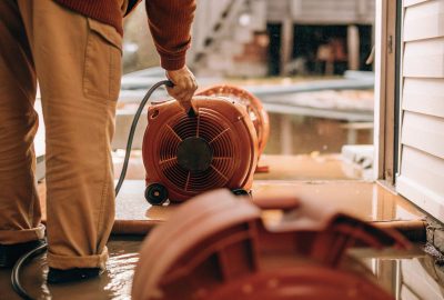 Technician performing professional water extraction in McLean VA using industrial drying equipment after indoor flooding