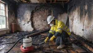 Professional technician performing fire damage cleanup in McLean VA, removing soot and debris during the fire restoration timeline process