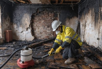 Professional technician performing fire damage cleanup in McLean VA, removing soot and debris during the fire restoration timeline process