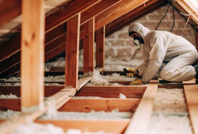 Professional from mold inspection services in McLean VA checking attic insulation for toxic black mold during a home inspection.