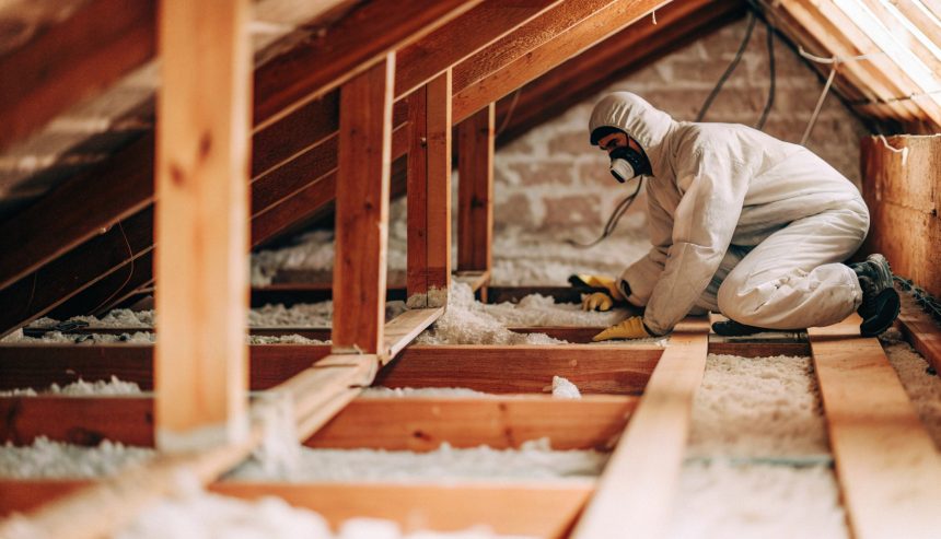 Professional from mold inspection services in McLean VA checking attic insulation for toxic black mold during a home inspection.