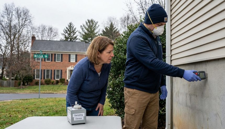 Homeowner watches a mold inspector use a moisture meter on a home’s exterior wall in McLean, VA during mold testing.