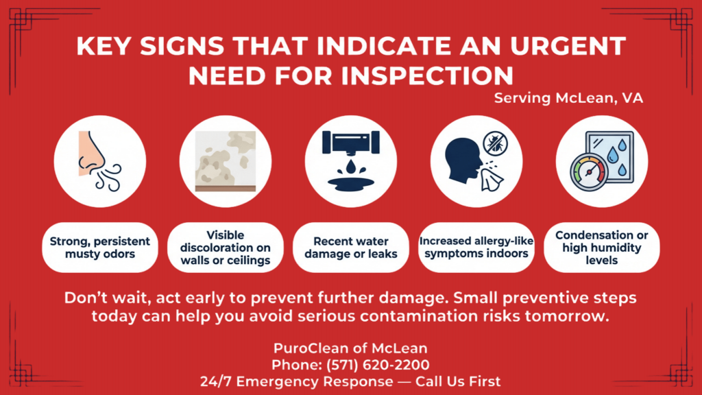 Infographic for the PC McLean project titled “Key Signs That Indicate an Urgent Need for Inspection,” listing warning signs such as persistent musty odors, visible wall or ceiling discoloration, recent water damage or leaks, increased allergy-like symptoms indoors, and high humidity or condensation in McLean, VA.